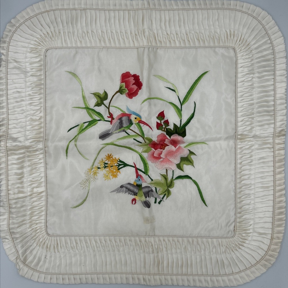 Vintage Chinese Silk Embroidered Needlework Bird & Floral Square Pillow Case 19"
